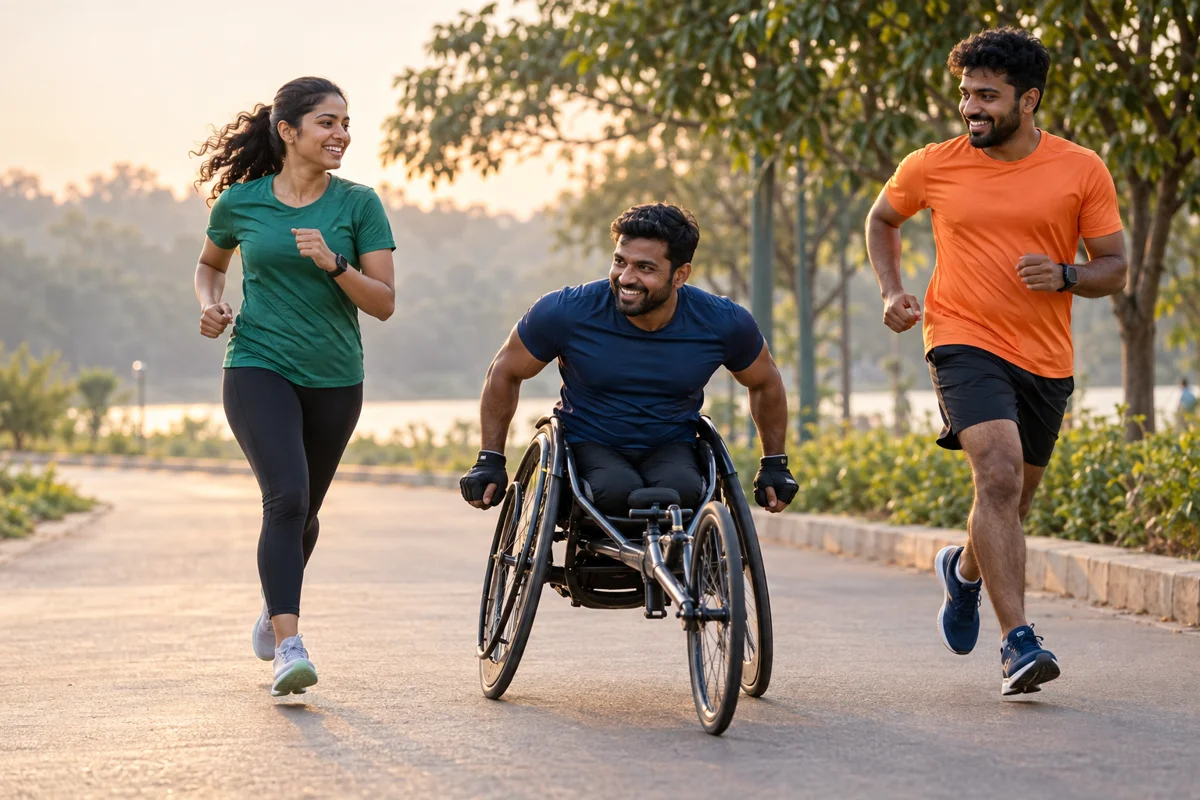 Illustrative image of a wheelchair athlete participating alongside runners